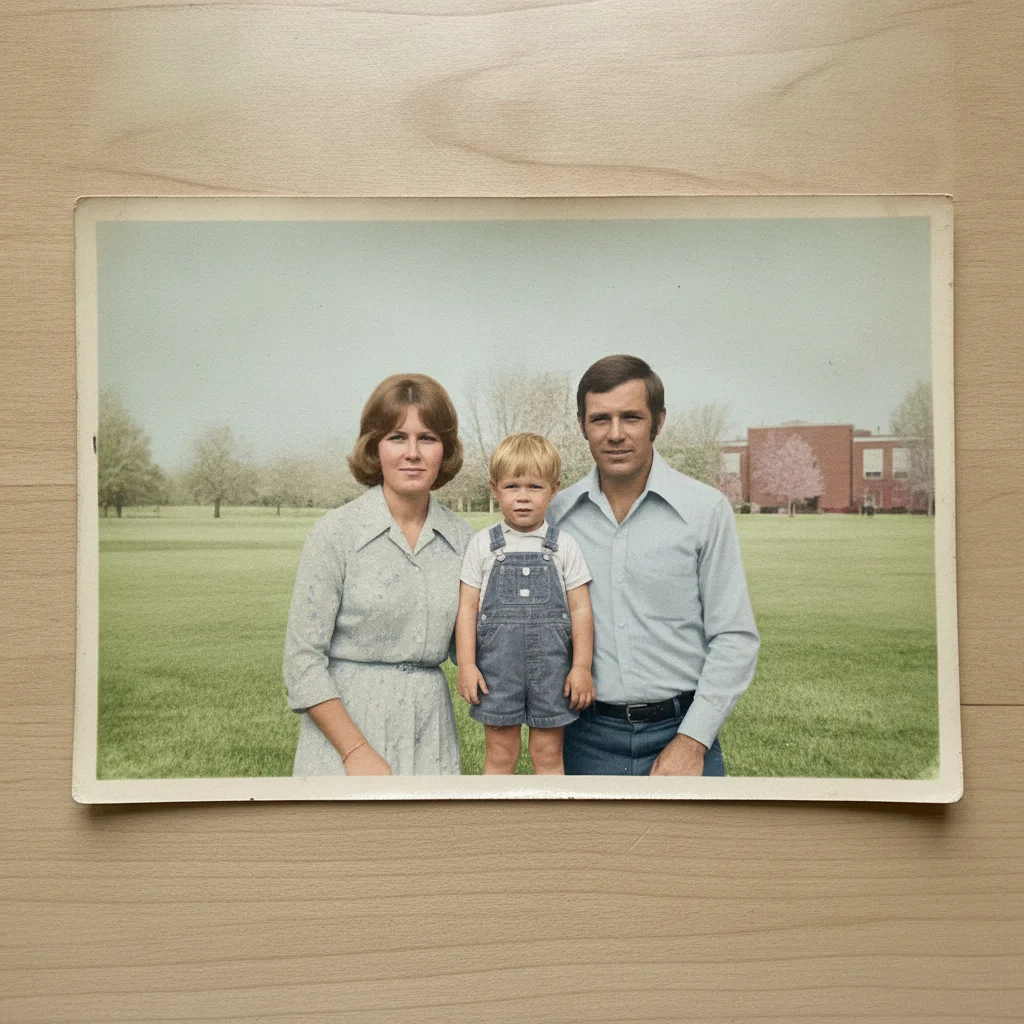 Same family portrait with rich restored green grass, blue sky, and natural warm skin tones