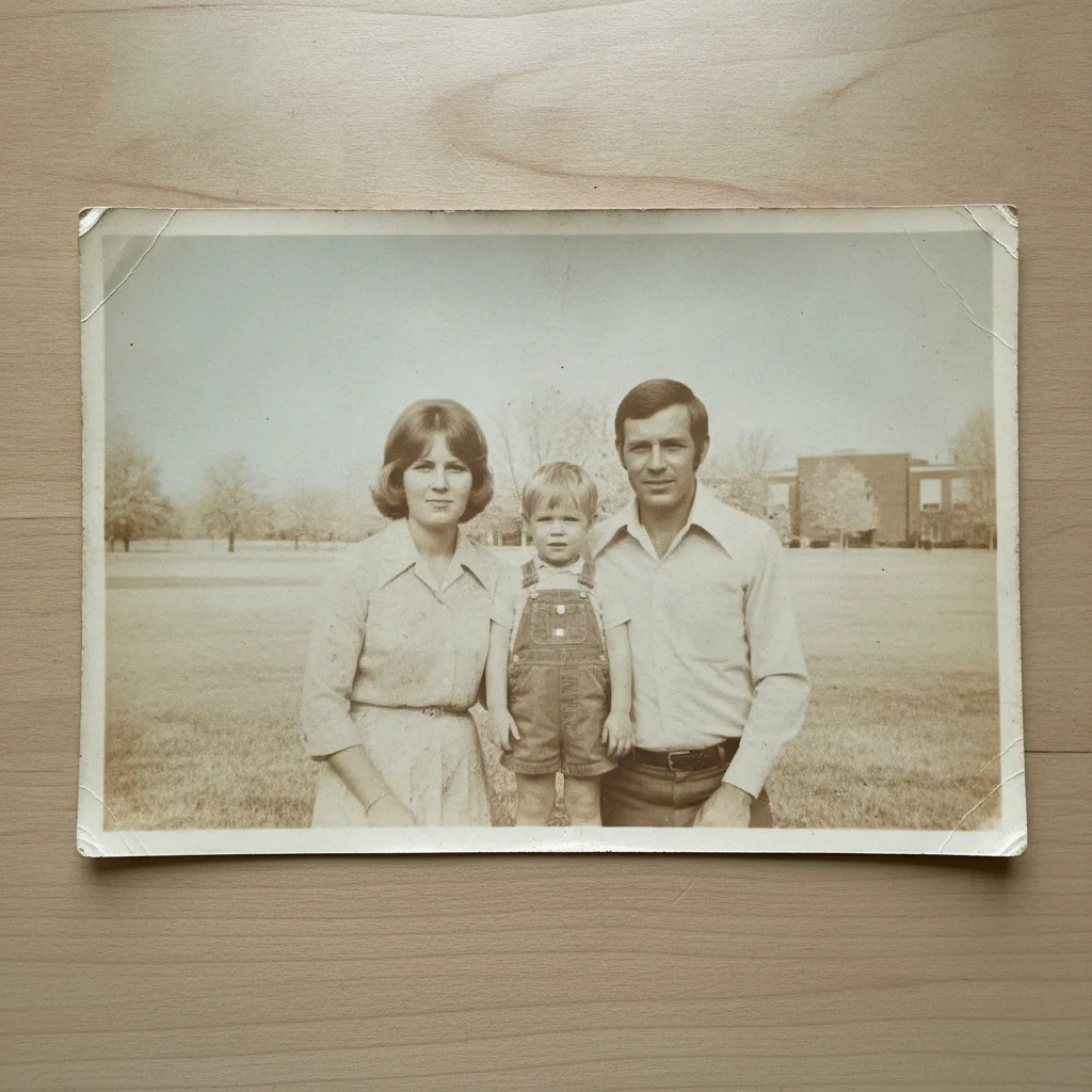 Scanned 1970s family portrait with severely faded, pale, washed-out colors