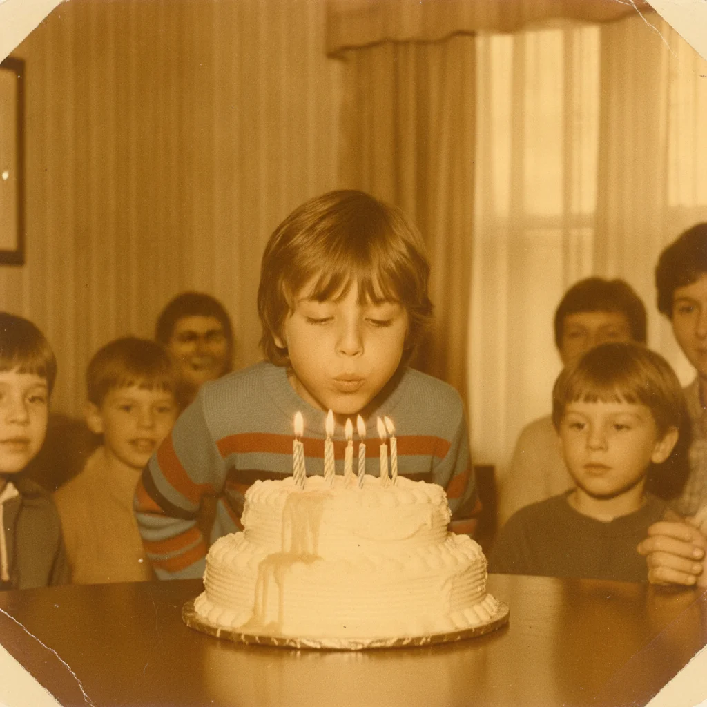 1980s birthday photo with heavy yellow-orange cast from aging
