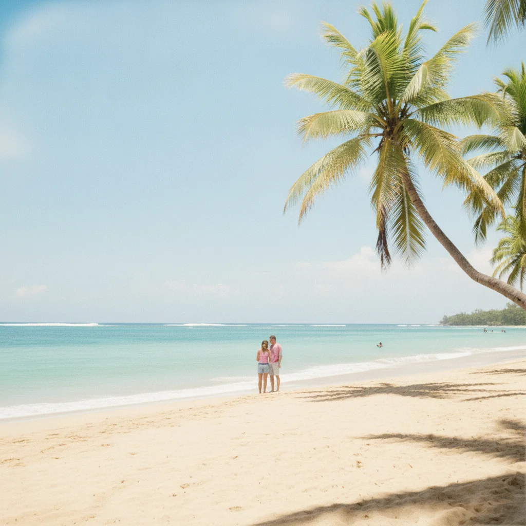 Same beach photo with restored blue ocean, green palms, and natural sky depth