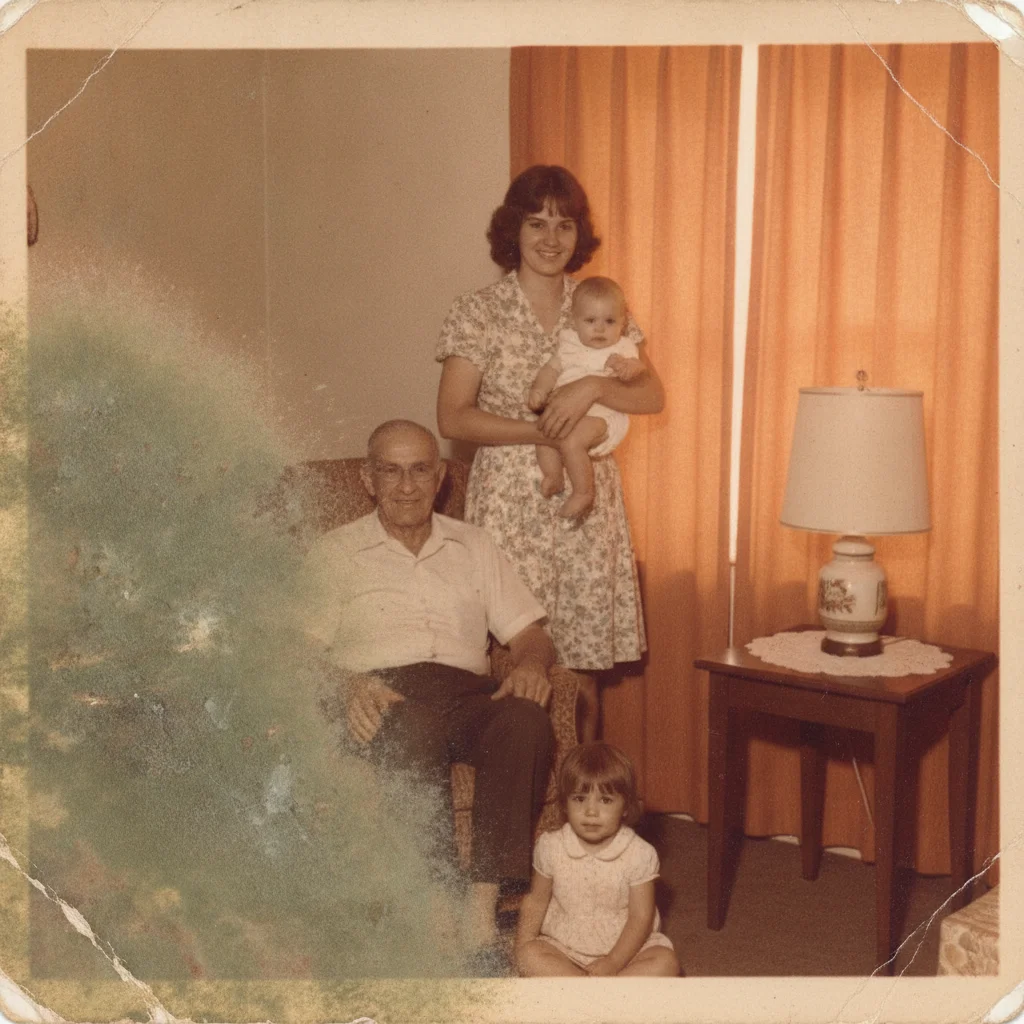 Old photo with a large mildew-stained patch in the lower left