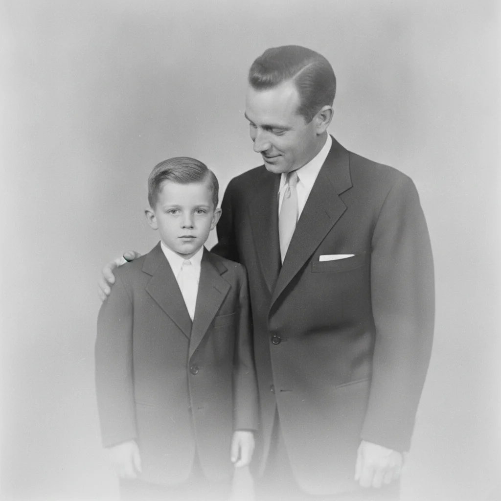 Blurry hazy black and white portrait of a man and a boy in dark suits