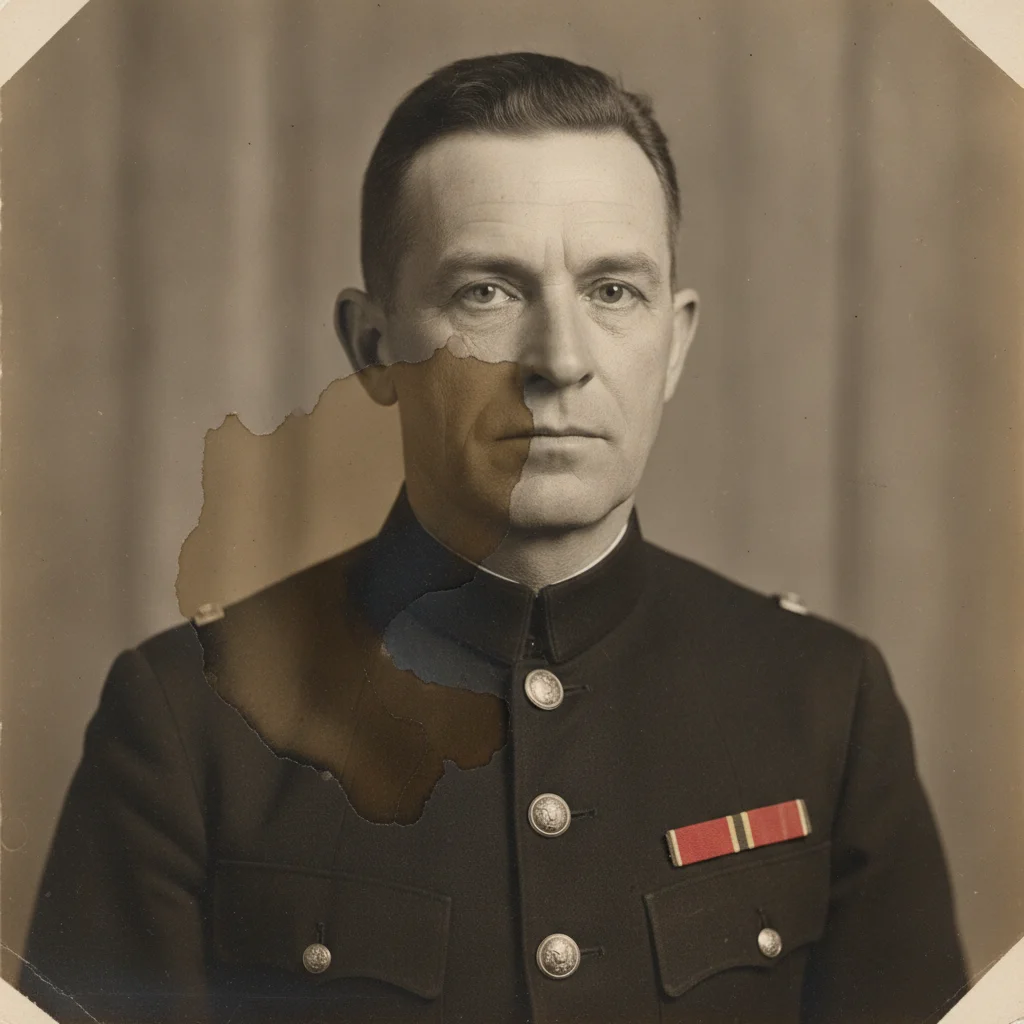 Military photo with a stain near the subject's face