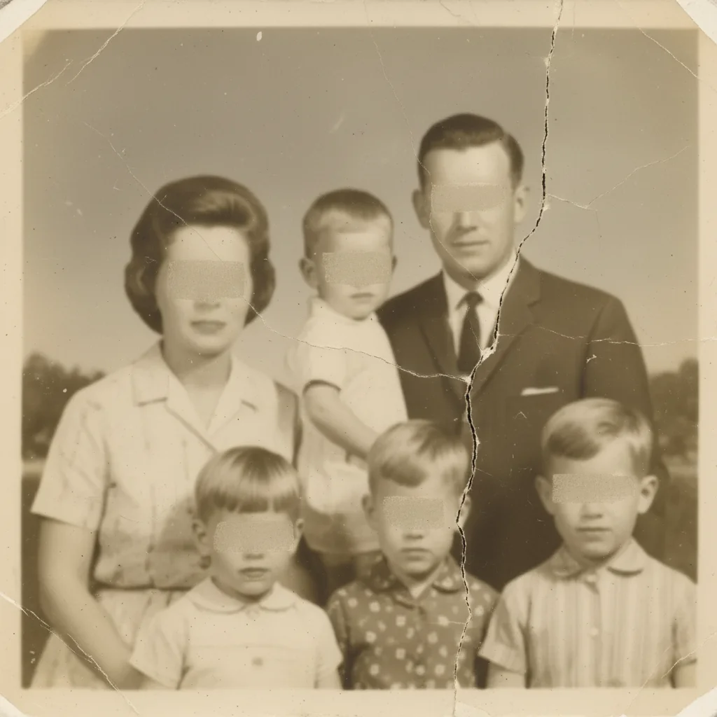 Same portrait with natural tones restored, tear repaired, and faces clearly visible
