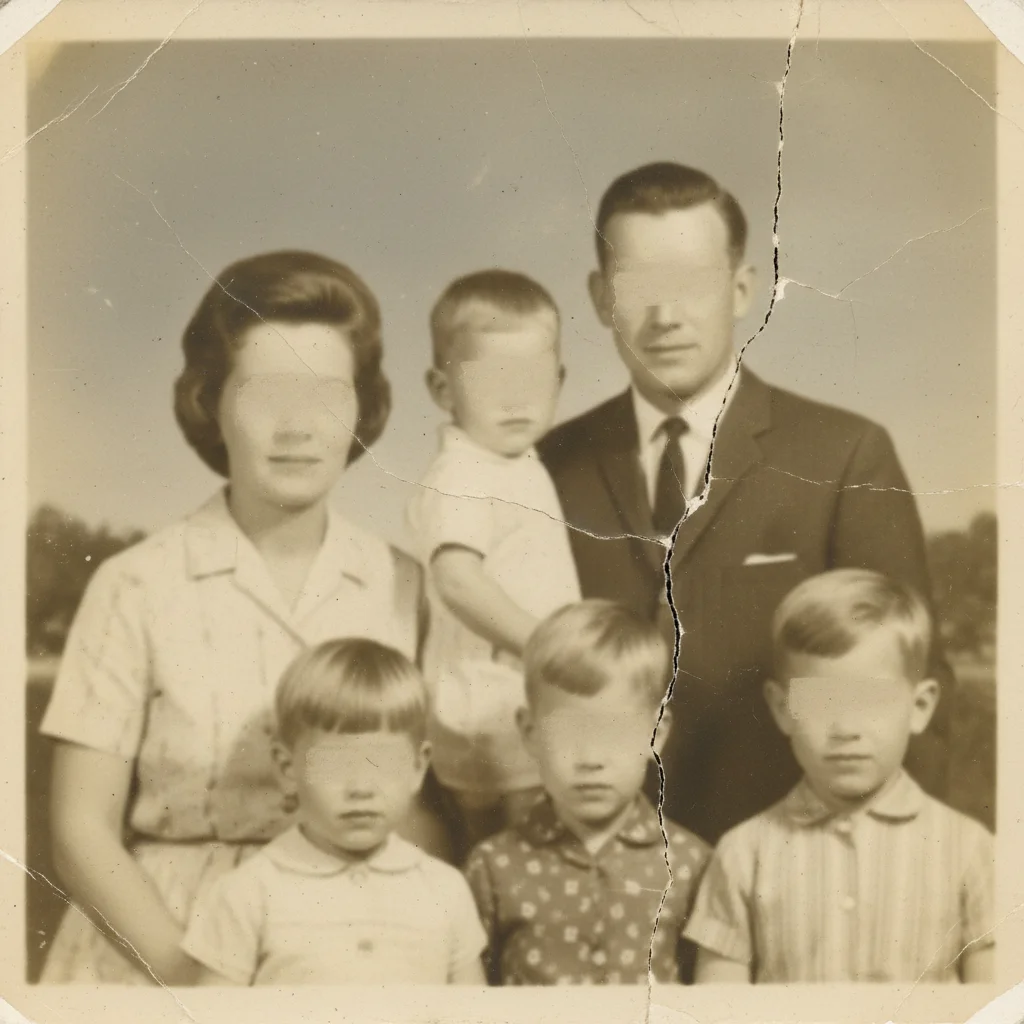 Yellowed 1960s family portrait with a vertical tear and surface cracks