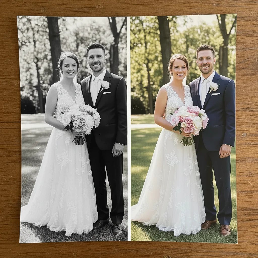 Same wedding photo with water damage removed and full detail recovered