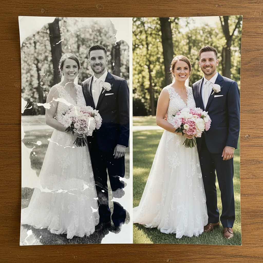 Wedding photo with large water stain blotches obscuring the left half