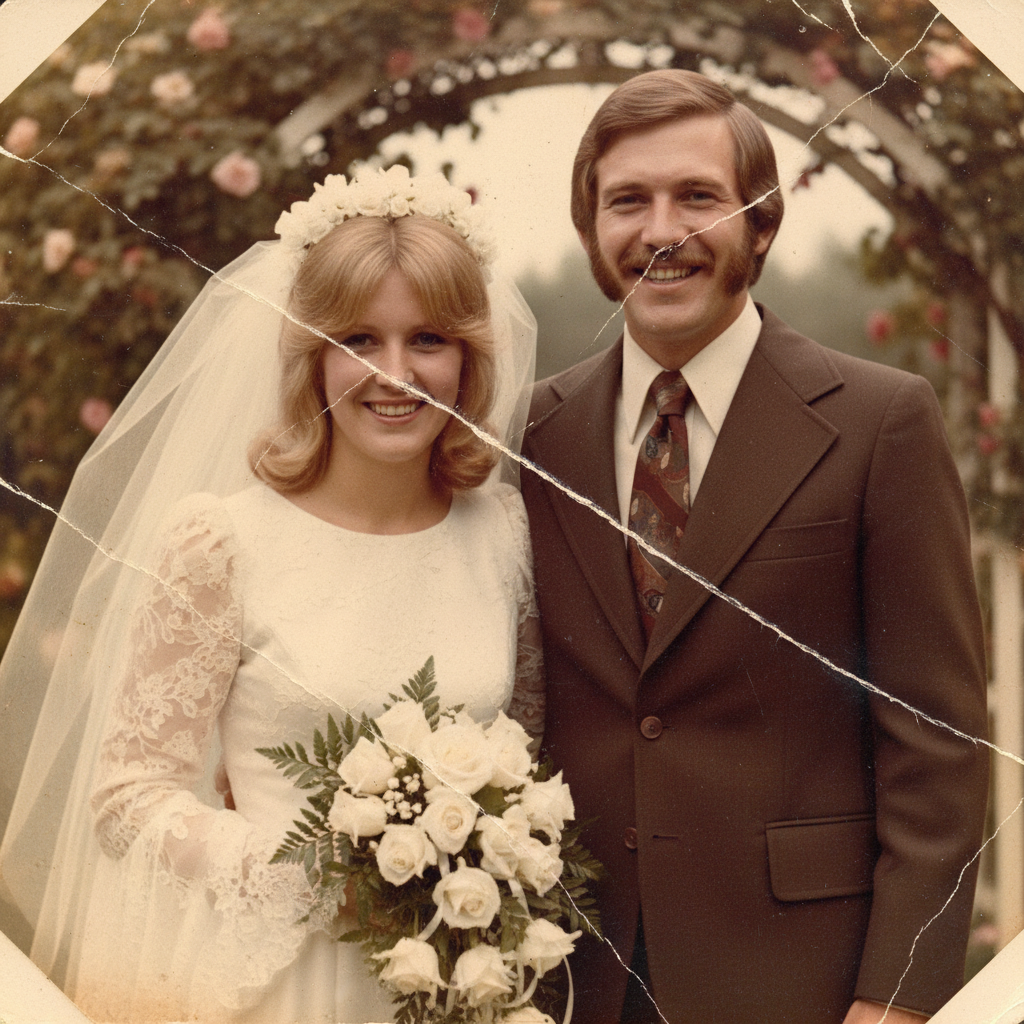Wedding photo from the 1970s with deep scratches across both faces and surface damage
