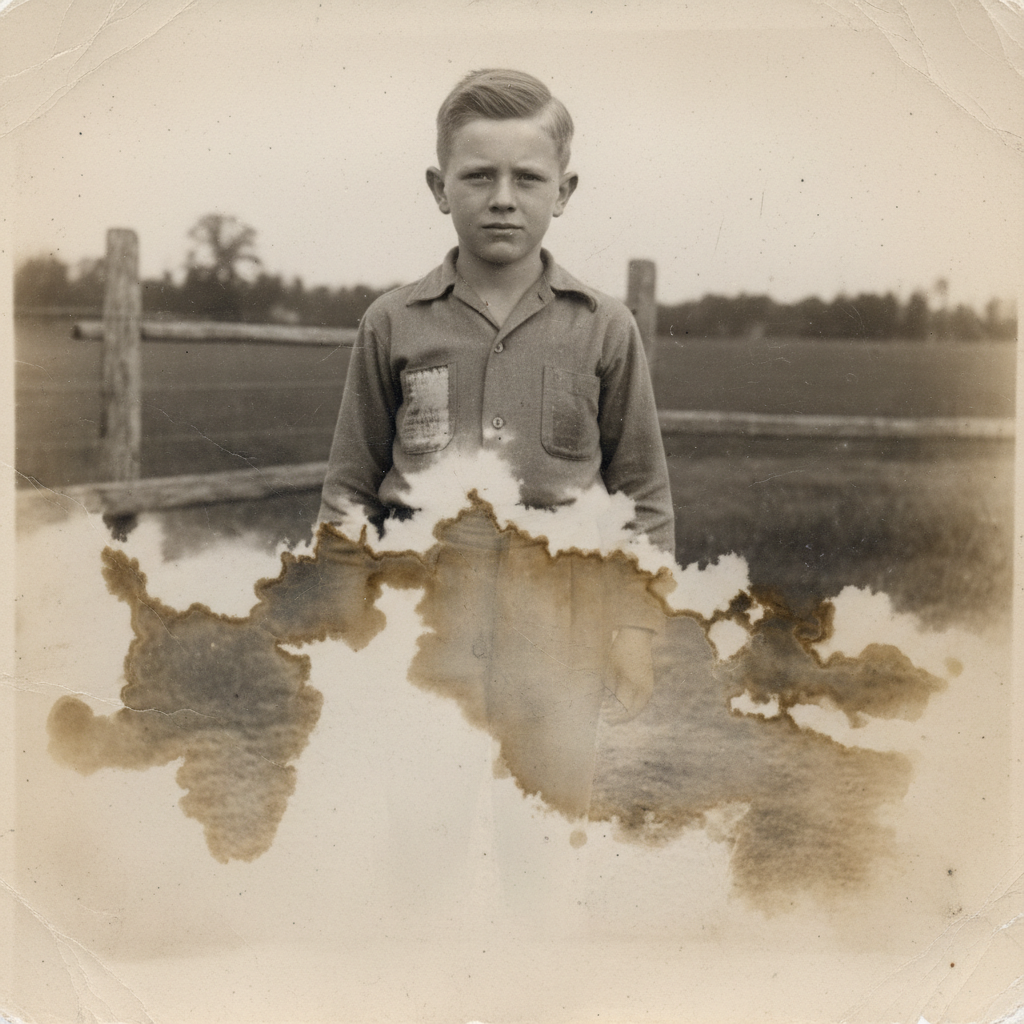 1940s childhood photo with severe water damage and brown staining across lower half