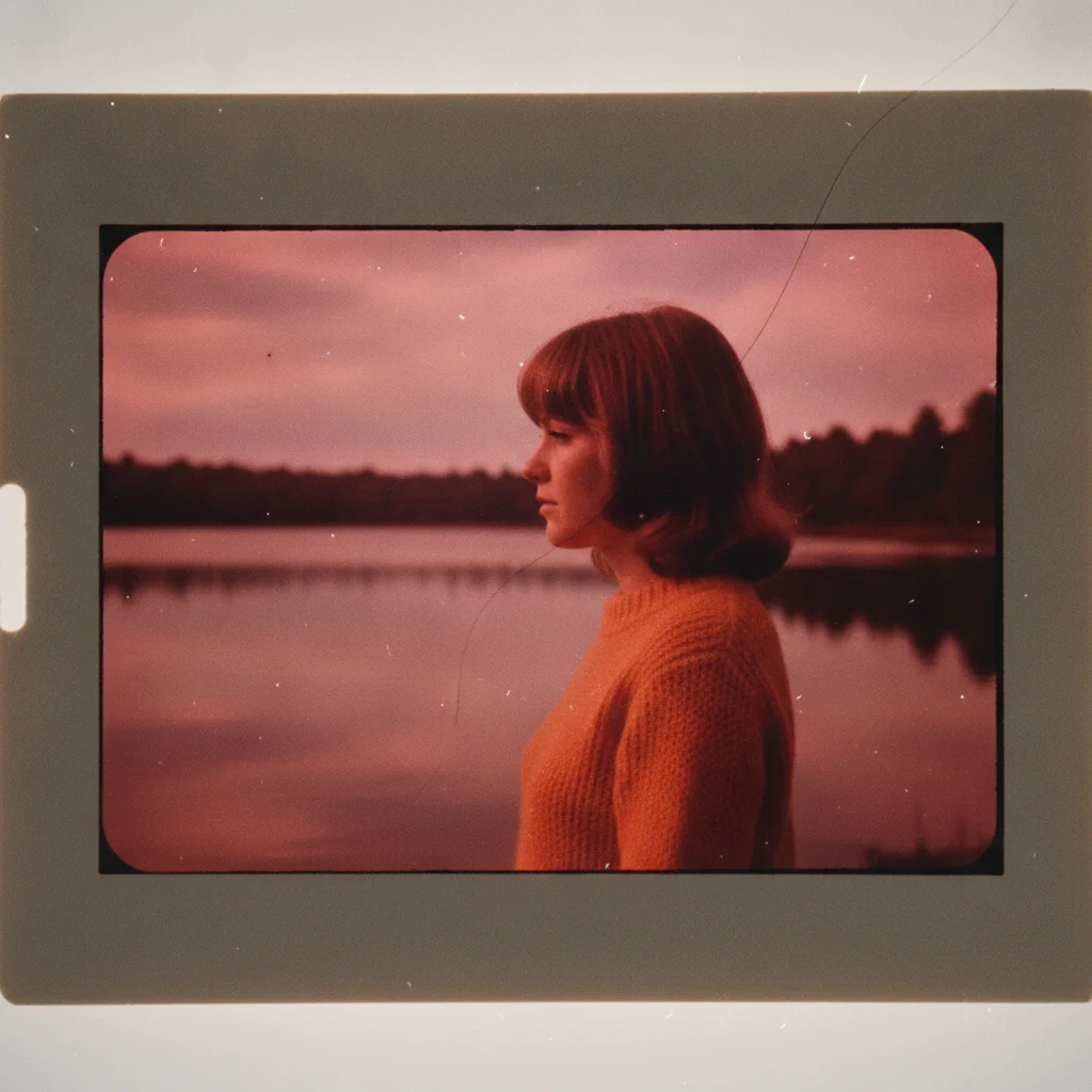 1970s slide scan of a woman in an orange sweater by a lake, red-shifted, dark, and dusty