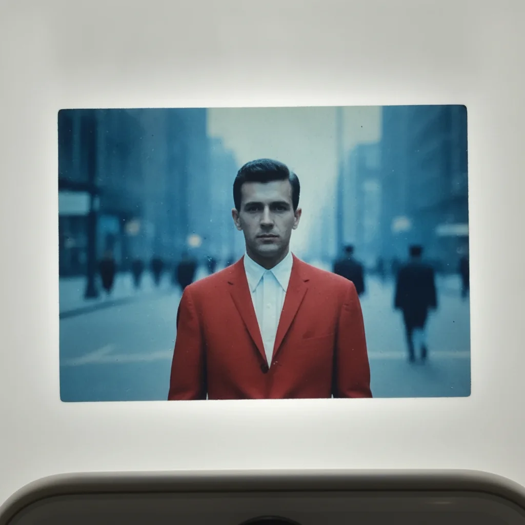 The picture cropped out of the mount, colour-corrected and brightened, the man and the street unchanged