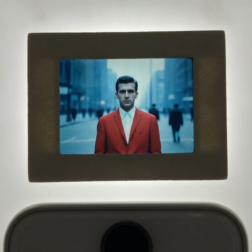 Phone photo of a 1960s slide in its mount on a light box, the picture tinted blue and slightly dark