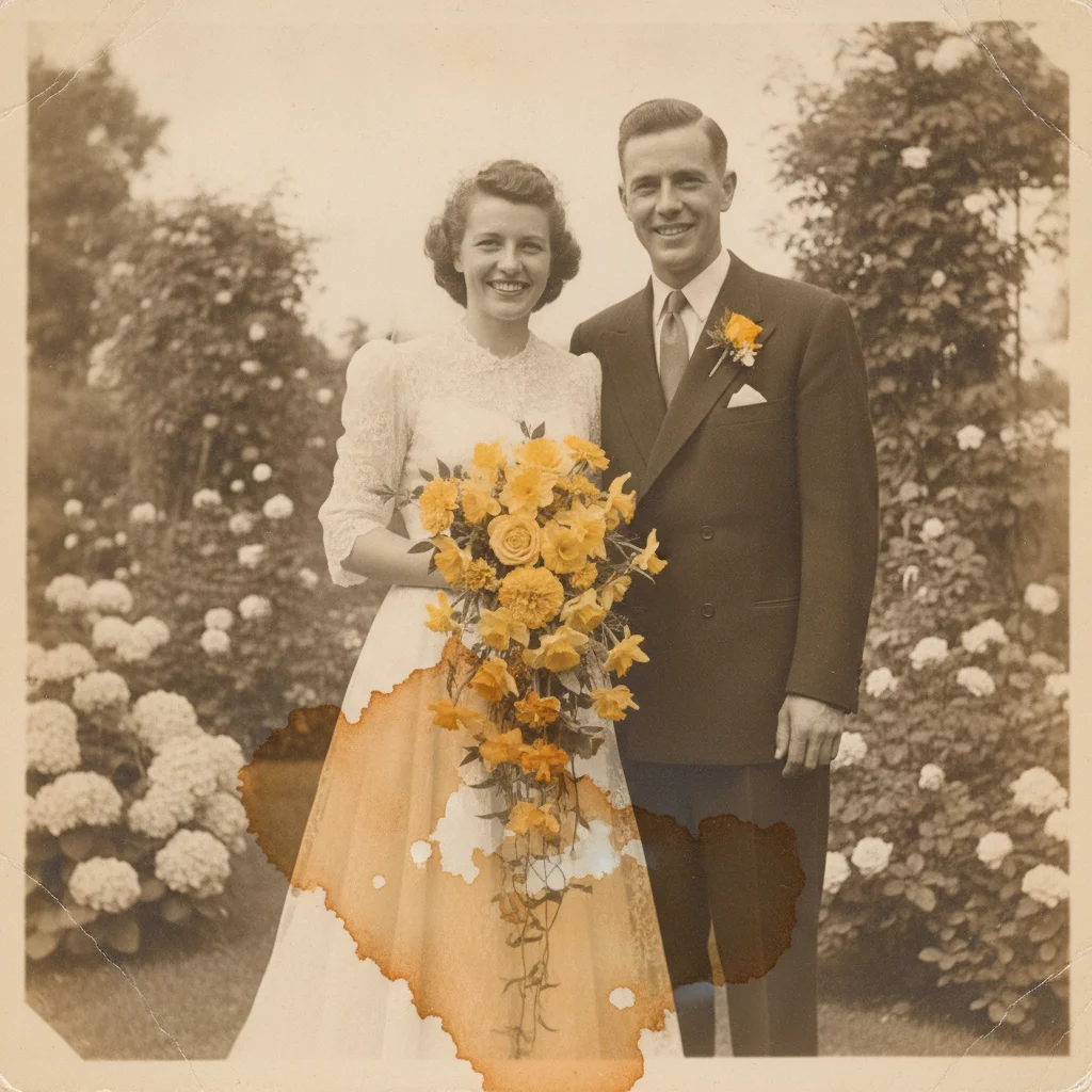 Wedding photo with a stain near the bouquet