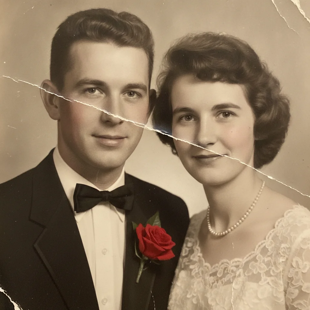 Wedding photo with scratches across both faces