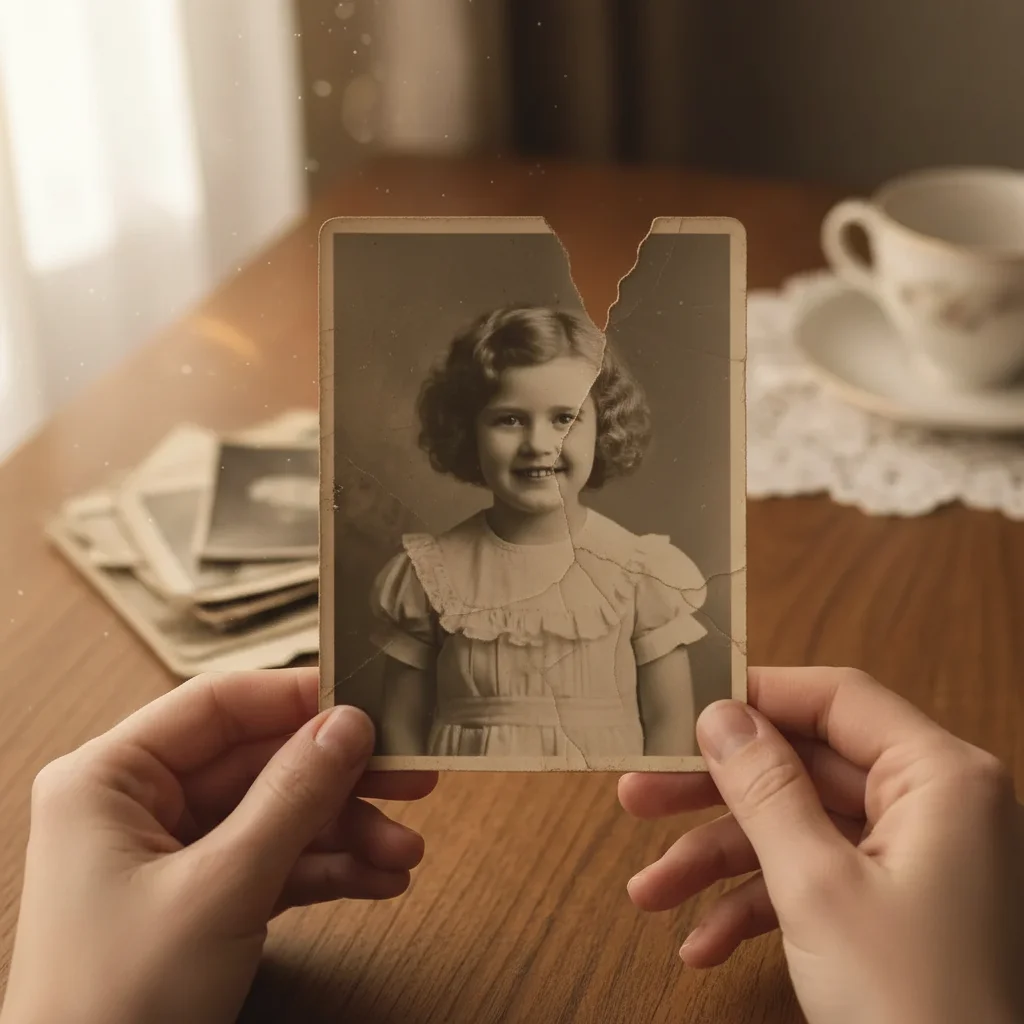 Same photo with torn corner and creases repaired