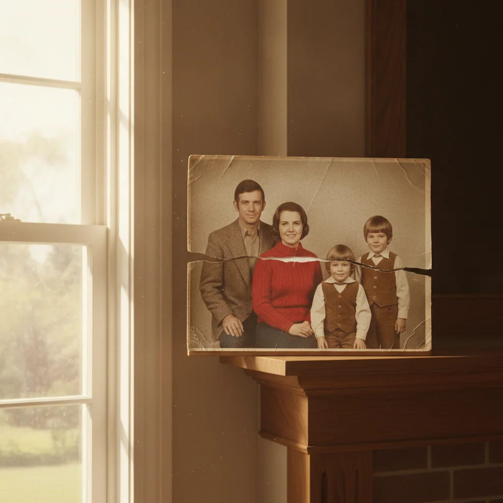 Family portrait photo with a tear across the middle