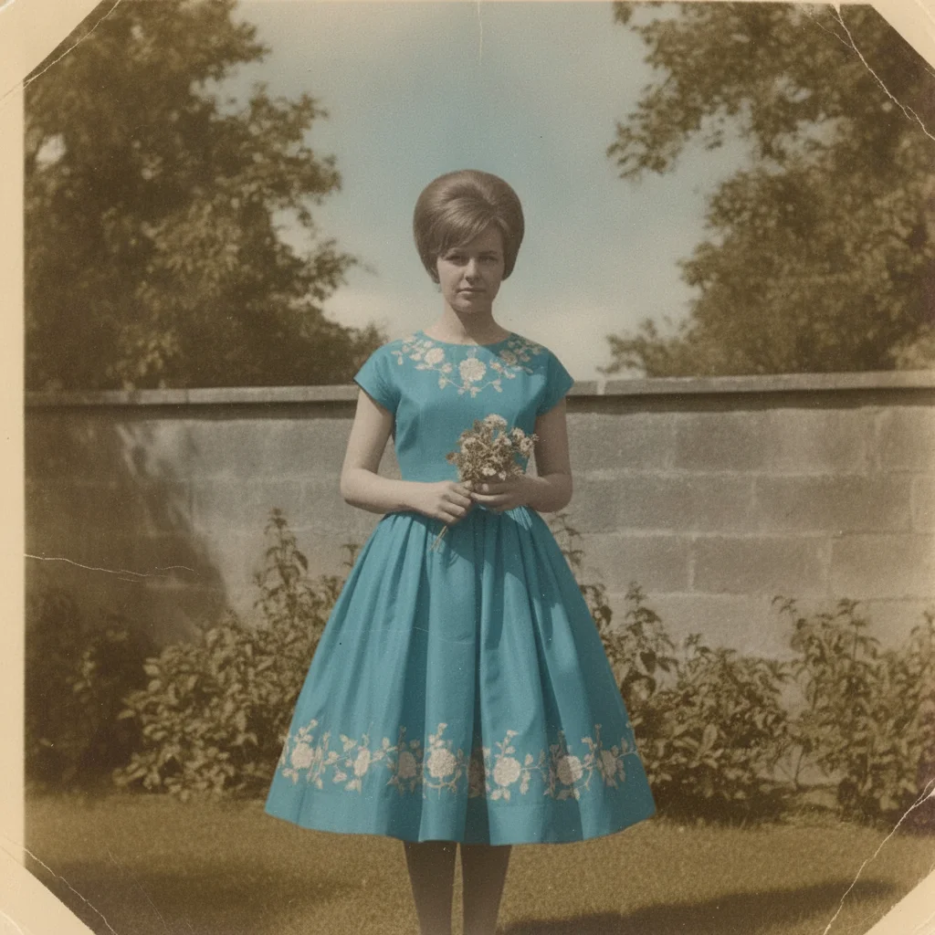 The same photograph with the yellow tint removed and the teal dress true to colour