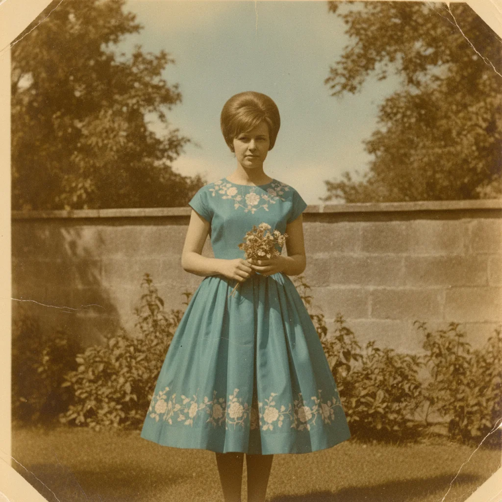 Old colour photograph with a heavy yellow-brown age cast over a teal dress