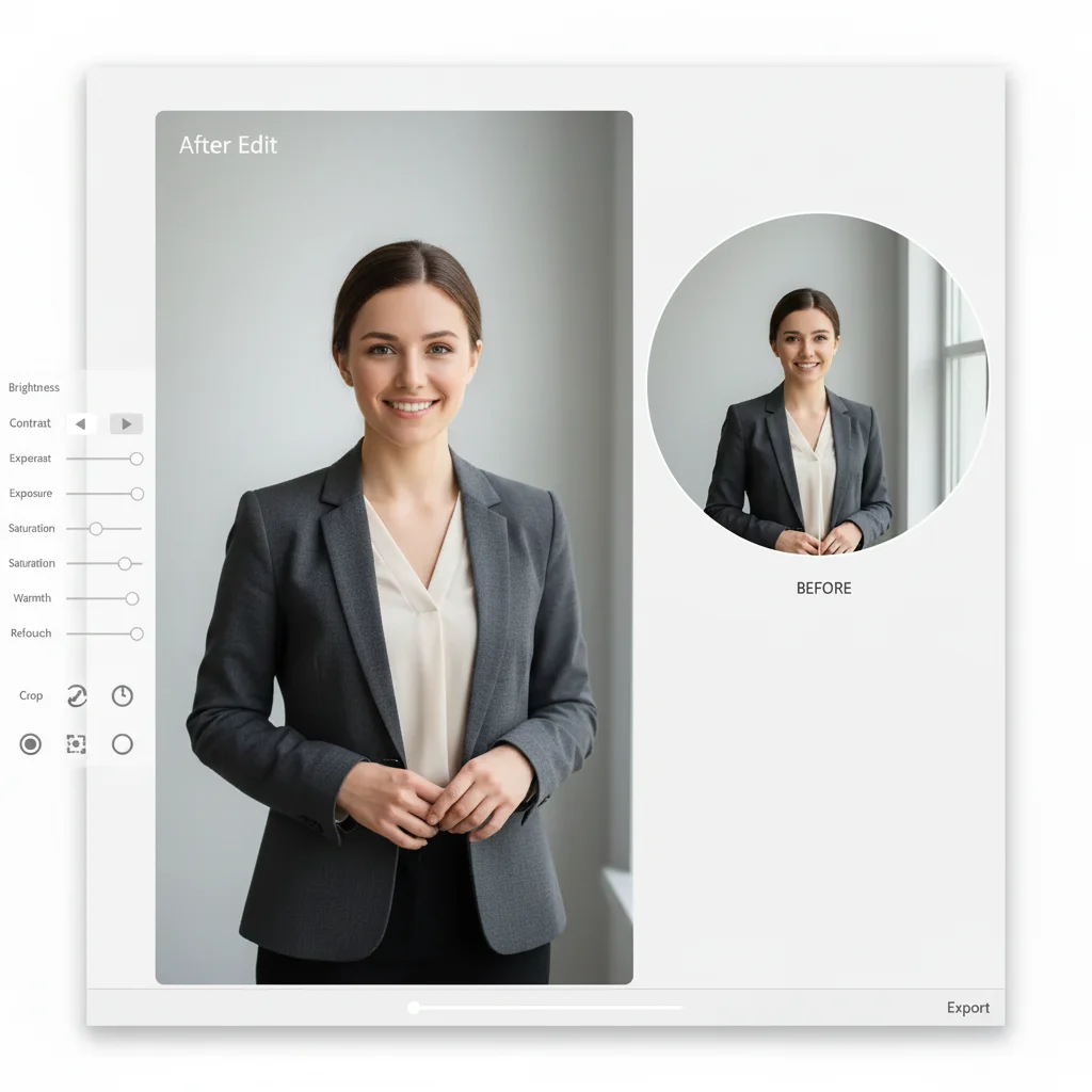 Same person with plain grey background, collared shirt, and even professional lighting