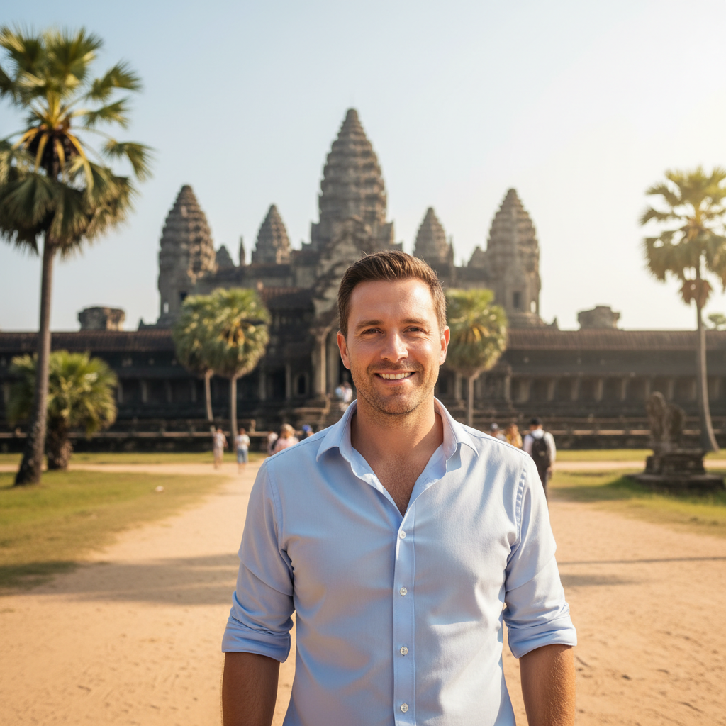Man in dress shirt at tourist location with landmark in background