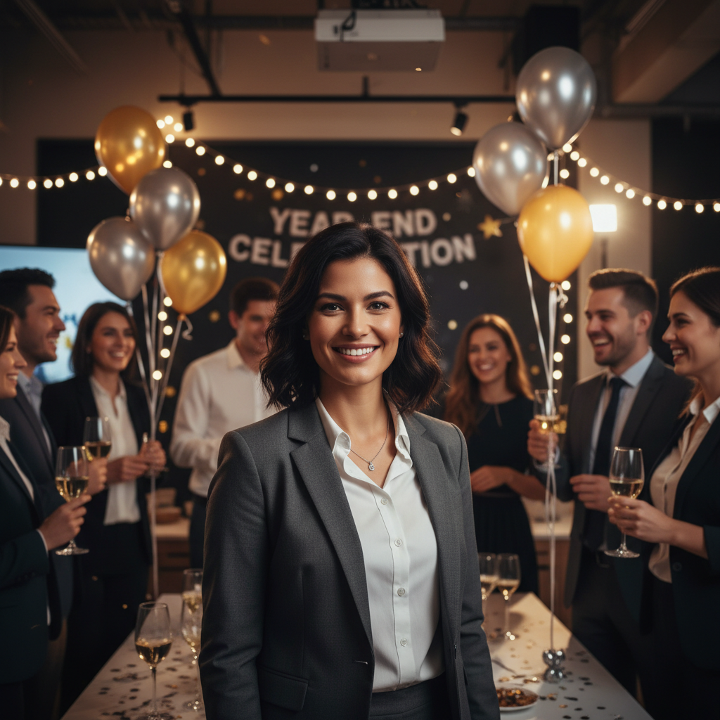 Woman in business attire at office party with people and decorations visible