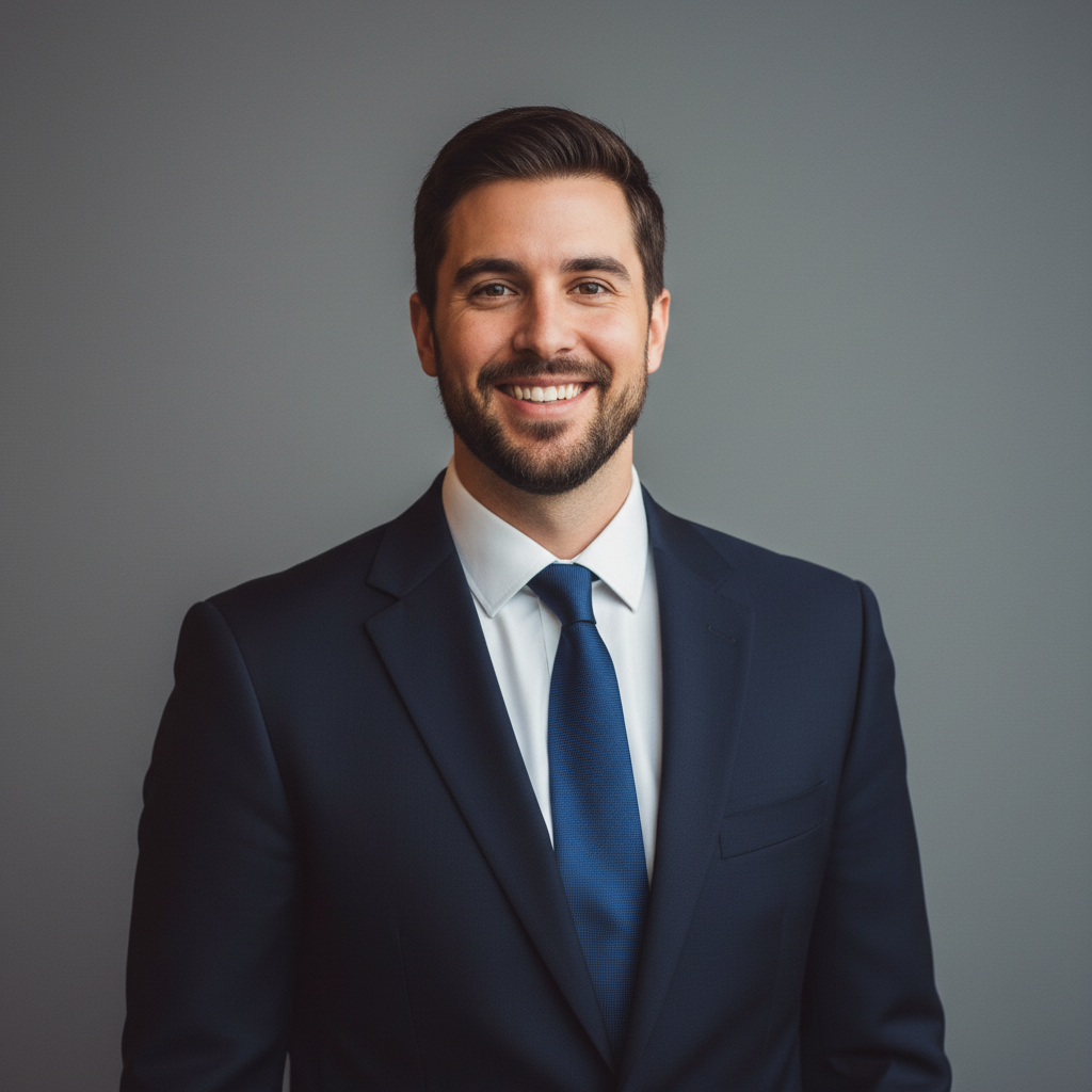 Formal European CV photo with conservative neutral background