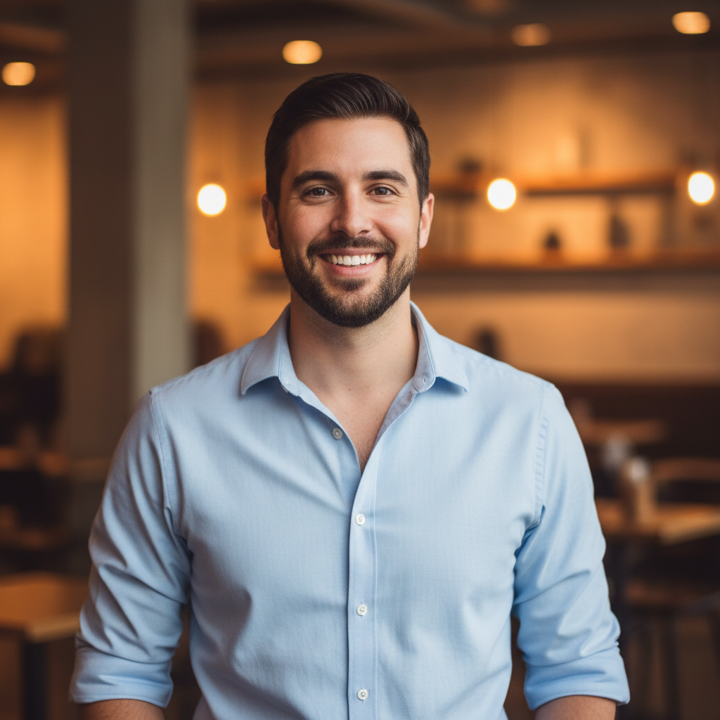 LinkedIn-style casual professional photo with blurred warm background
