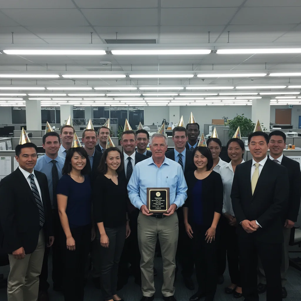 Same photo with softened warm lighting, everyone looking dignified