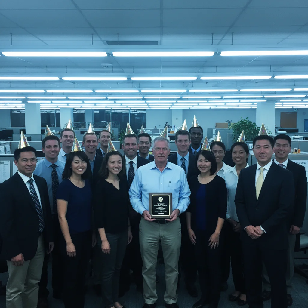 Group retirement photo with harsh unflattering fluorescent lighting