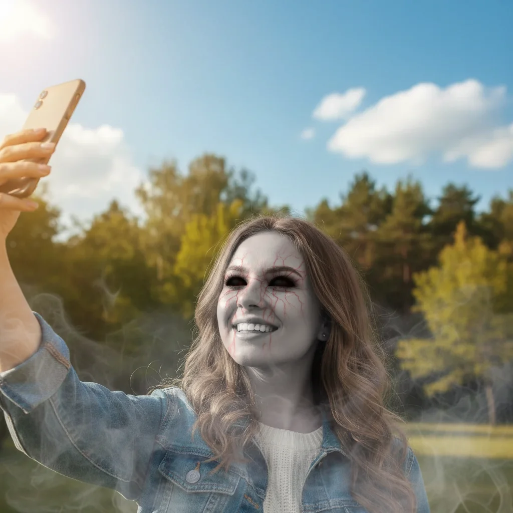 The same woman with full black demon eyes, ashen grey skin, and dark mist curling around her shoulders