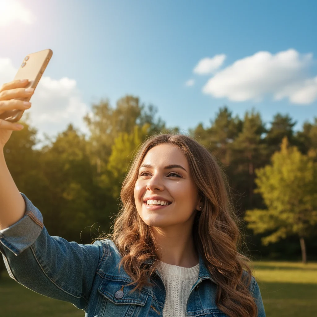 Young woman smiling outdoors in bright daylight