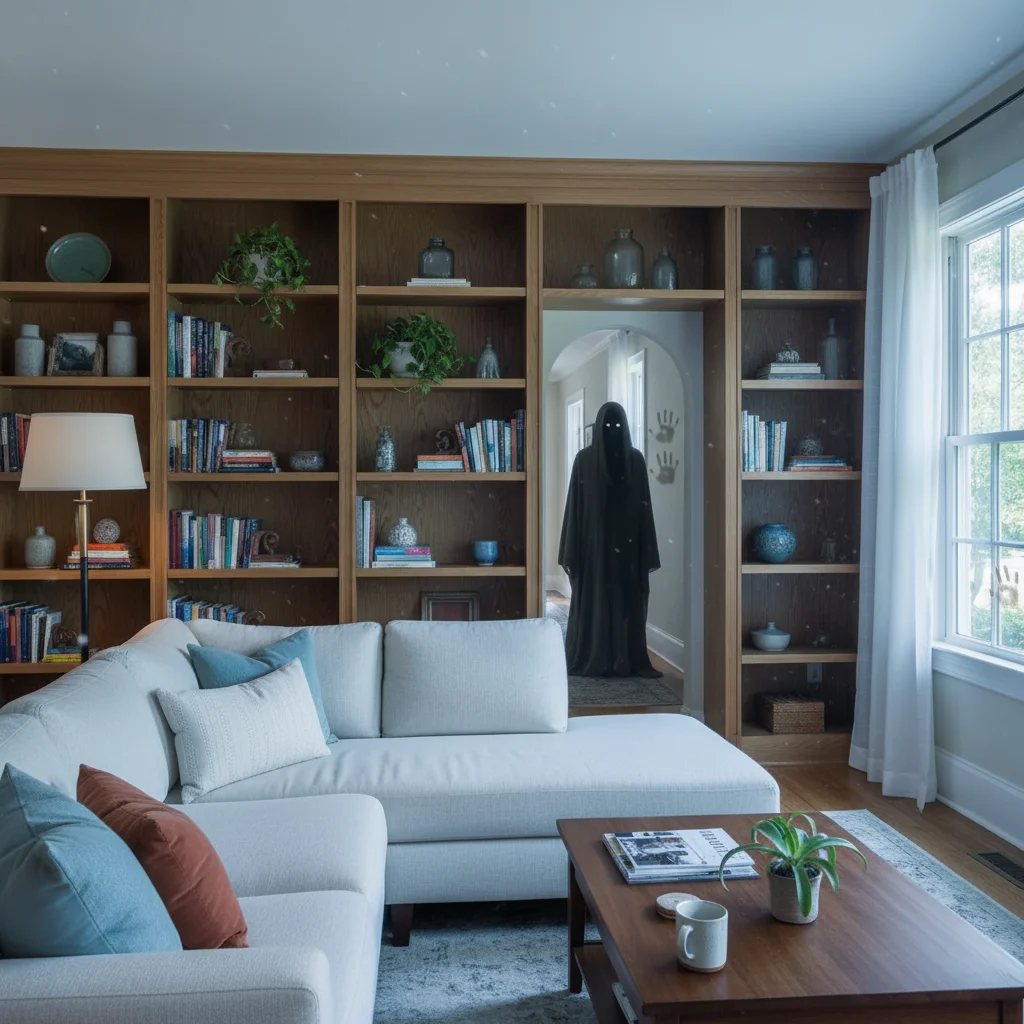 The same living room with a shadowy figure half-visible in the doorway, cold flickering light, and faint handprints on the window