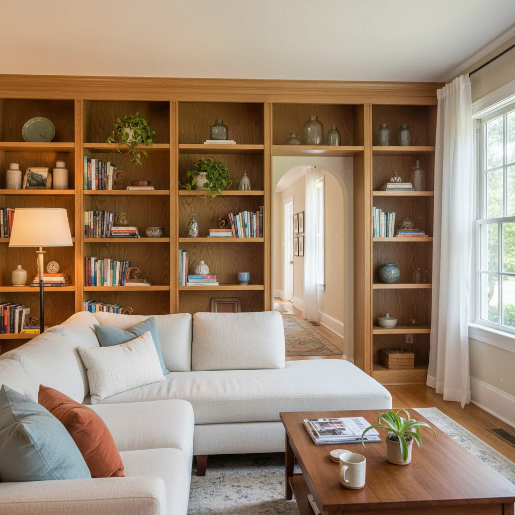 A normal cozy living room with warm lighting and a visible doorway at the back