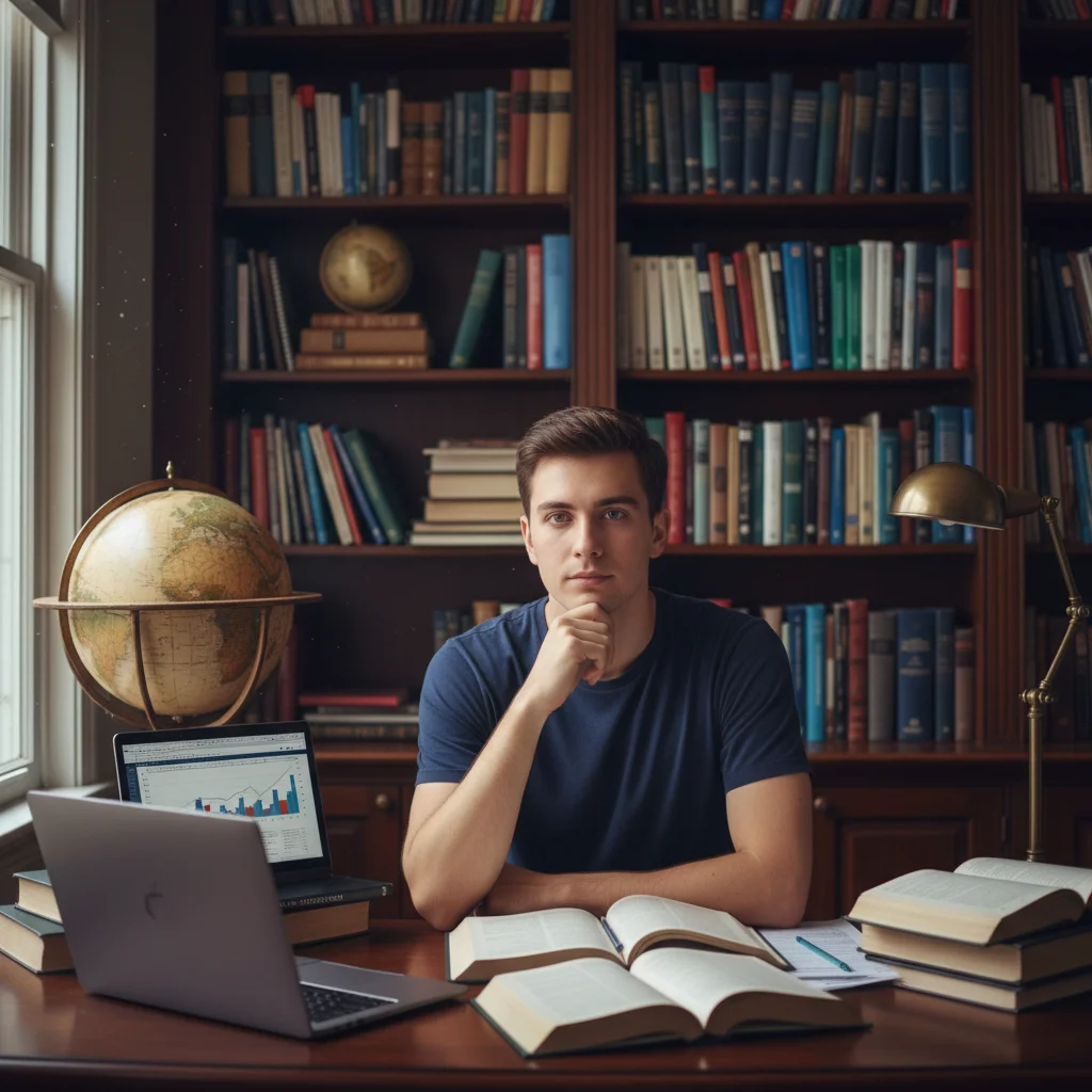 Thoughtful student with home background, intelligent expression but casual setting