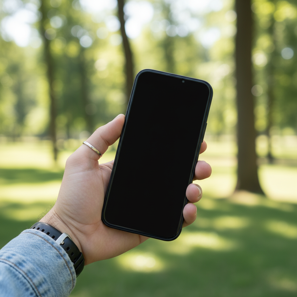 Hand holding an iPhone with blank screen outdoors in natural light