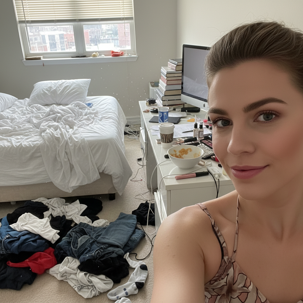 Selfie with harsh overhead lighting and unflattering shadows