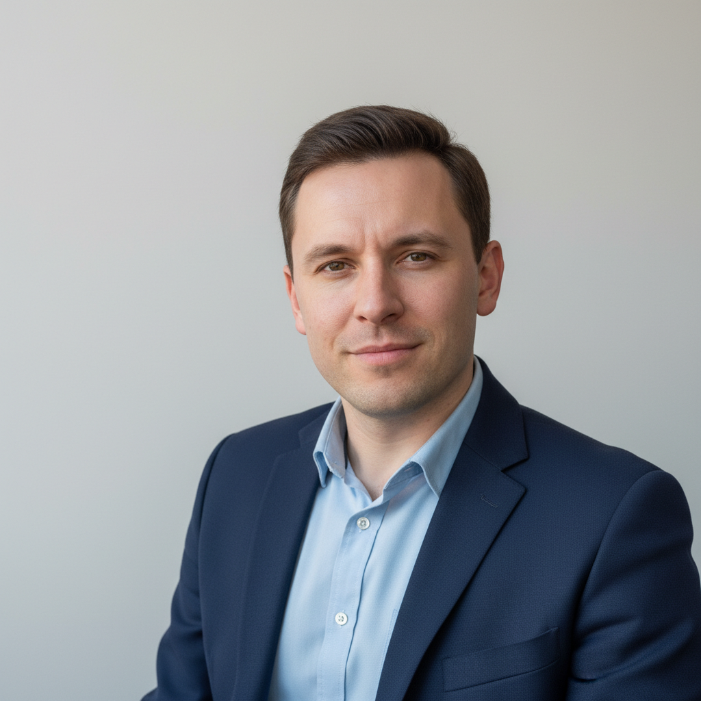 Corporate headshot with even lighting and professional background