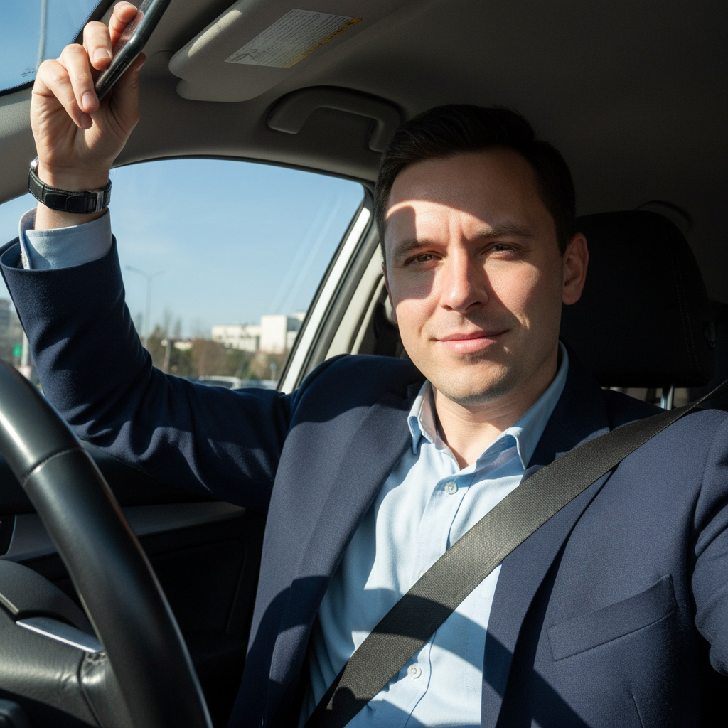 Car selfie with seatbelt and harsh window lighting