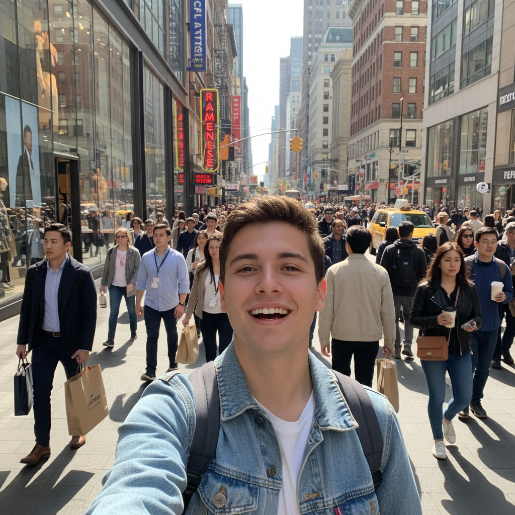 Outdoor selfie with busy street scene in background