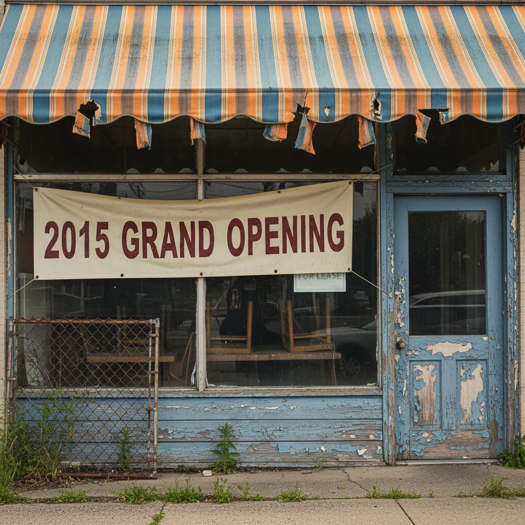 Restaurant with faded torn awning and old 2015 banner