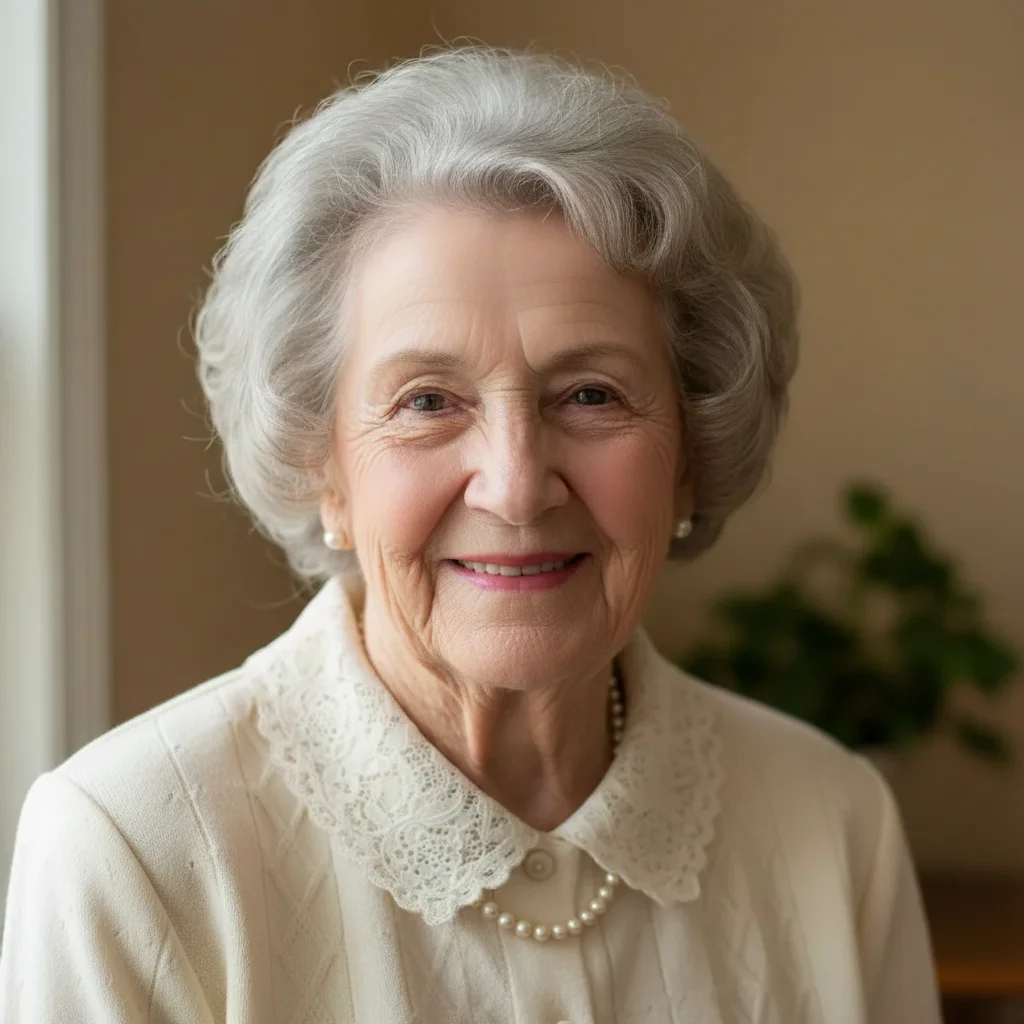 Same portrait with gently softened lines, warmth preserved