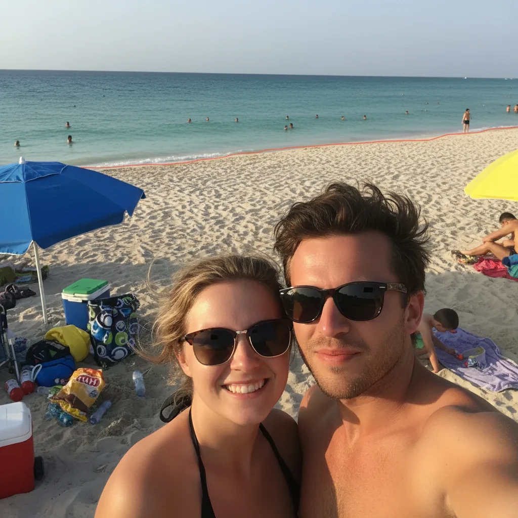 Same selfie with clean, empty beach behind