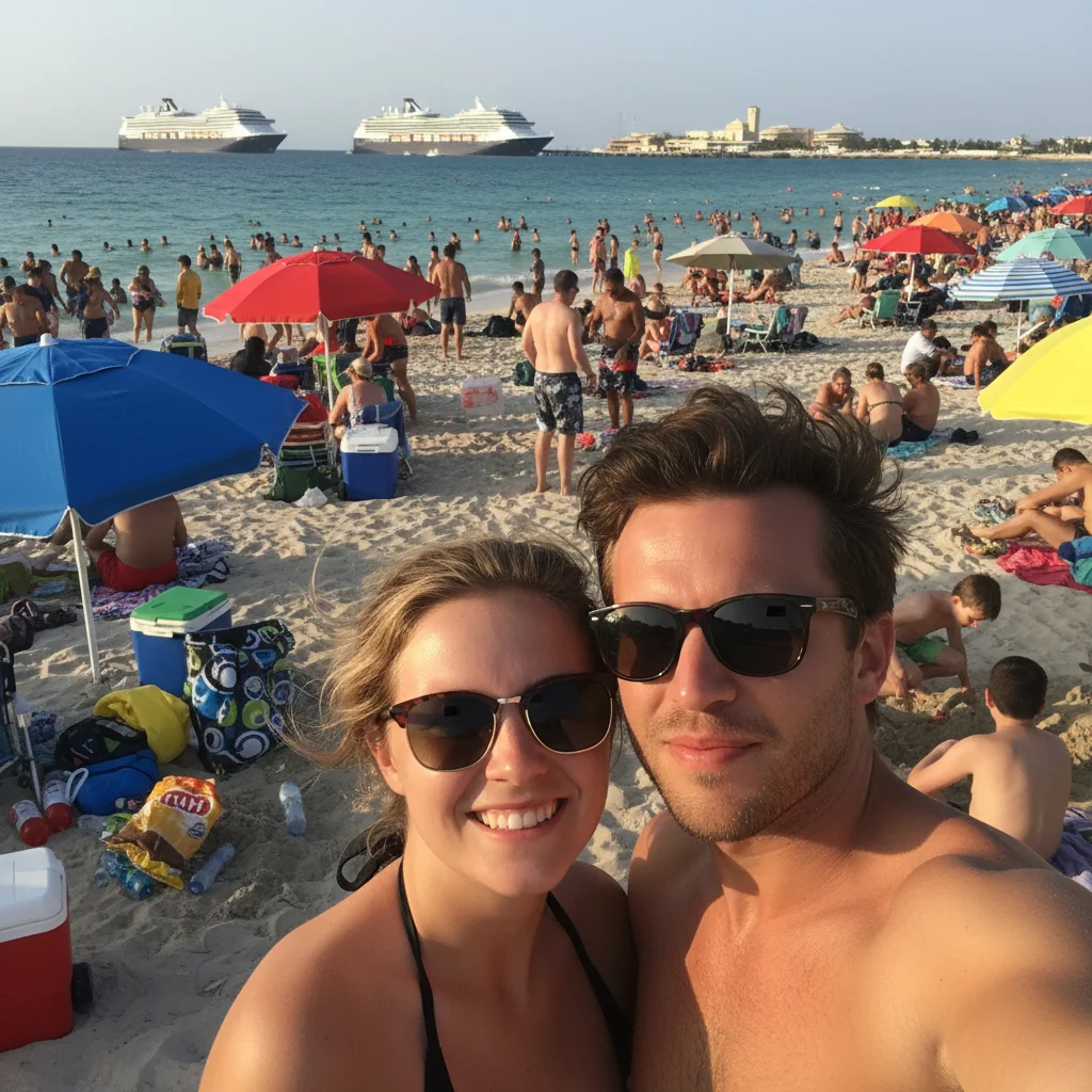 Beach selfie with crowded background full of tourists