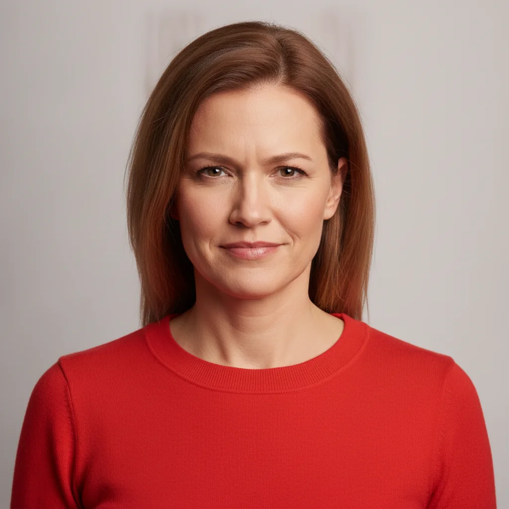 Same woman with the expression relaxed into a calm, neutral face