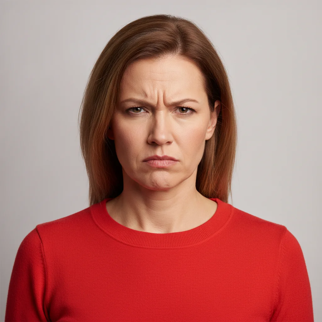 Woman in a bright red top with a tense frown and furrowed brow