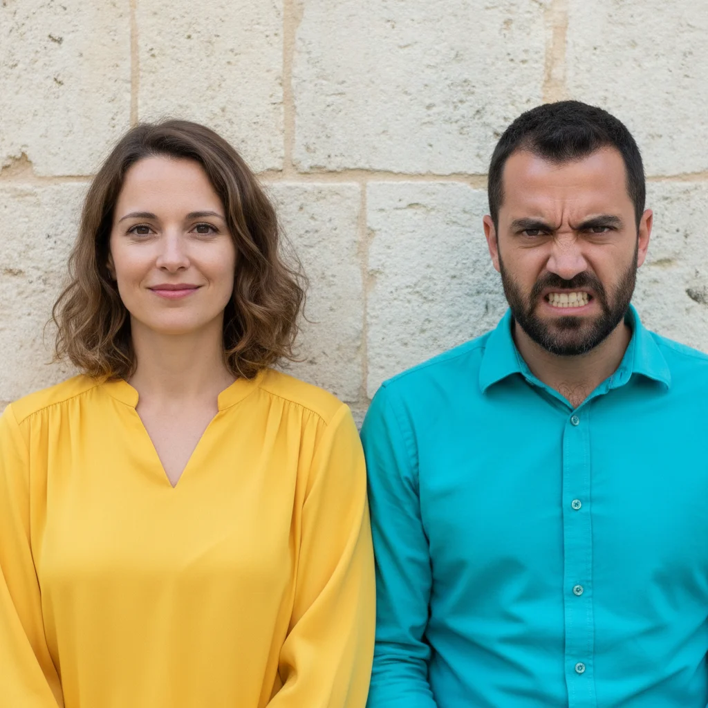 Couple outdoors, the man in a teal shirt scowling with a furrowed brow