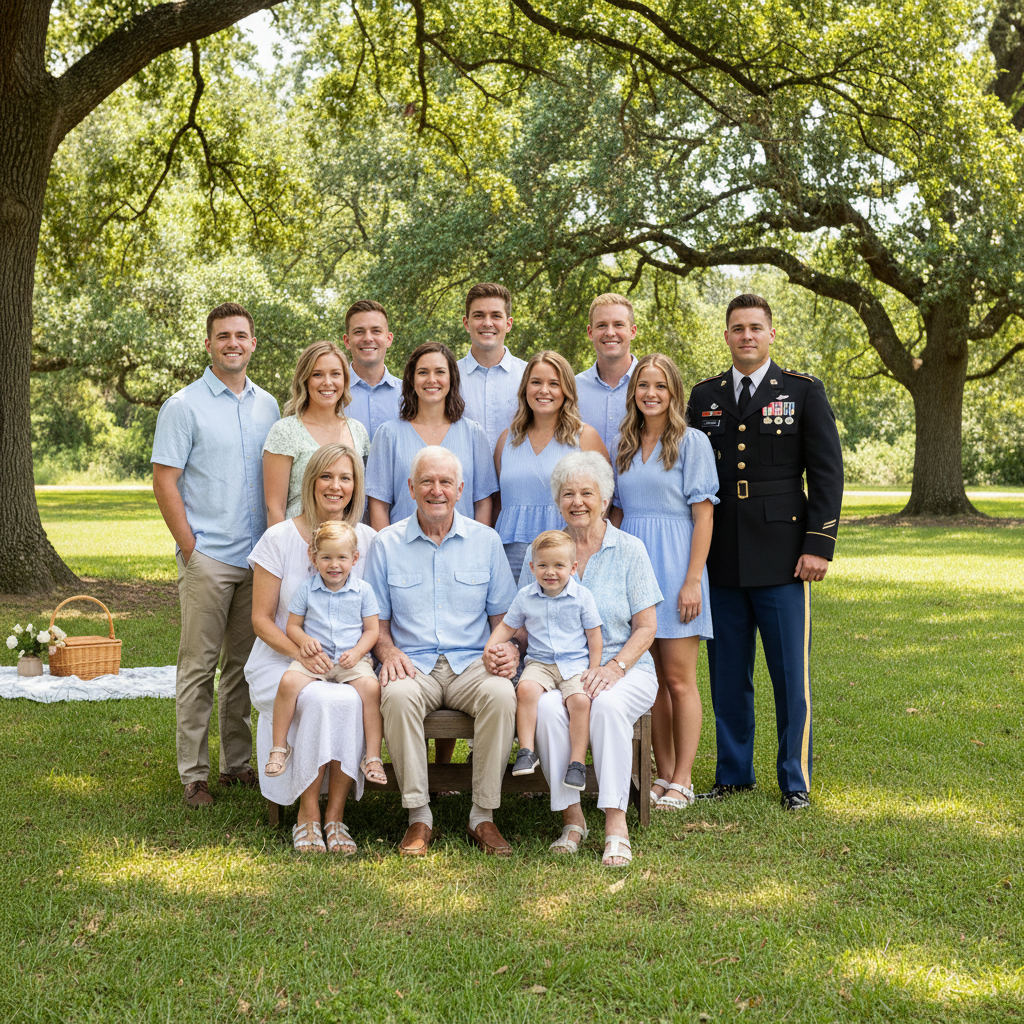 Complete family reunion photo with son in uniform added to back row