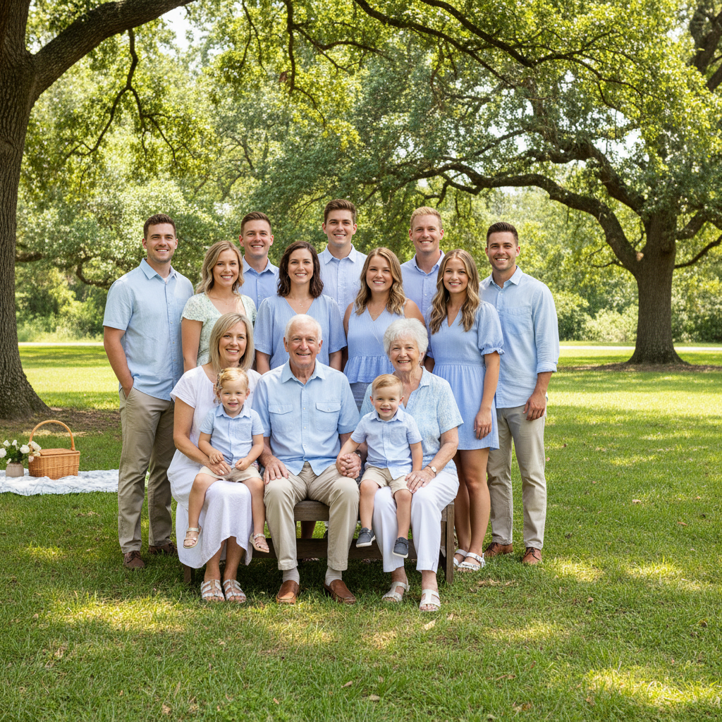 Family reunion photo with gap in back row where deployed son should be
