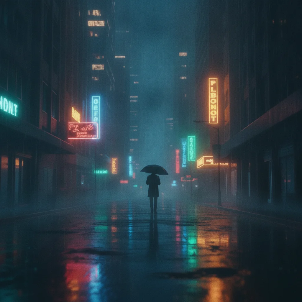 Same cinematic city still with Sora watermark removed and dark wet pavement reconstructed in corner
