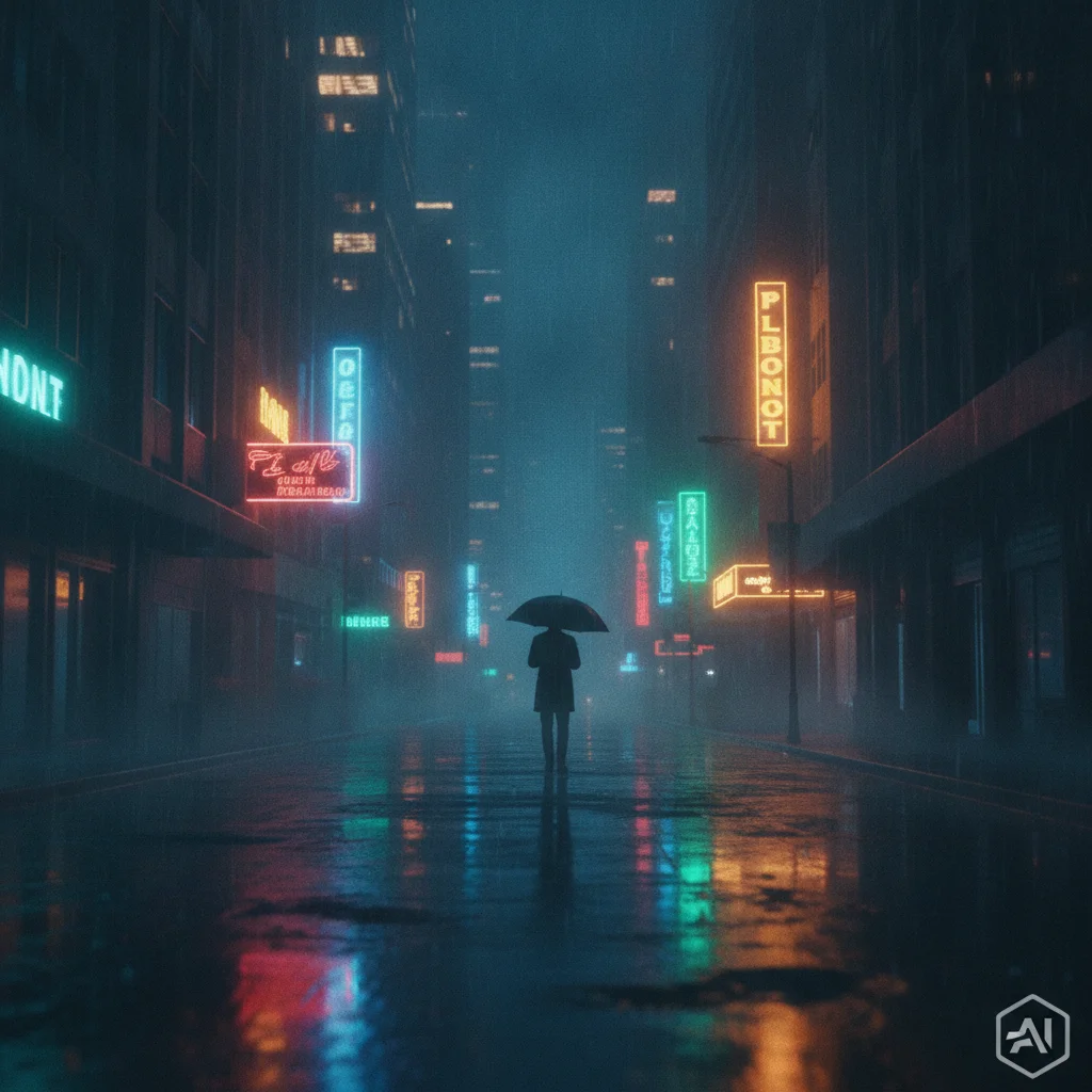Cinematic AI still of neon-lit rainy city street with small watermark badge in bottom right corner